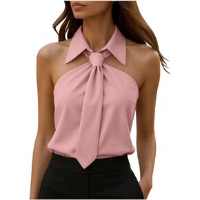 Oplxuo Women Tie Neck Blouse Dressy Casual Tank Tops Sleeveless Collared Off Shoulder Zipper Back Office Work Shirts in Kuwait