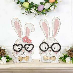 2Pcs Easter Decorations, Farmhouse Wooden Bunny Table Decor Rustic Rabbit Centerpieces Sign for Home Tiered Tray Mantel Office Party Supplies in Kuwait