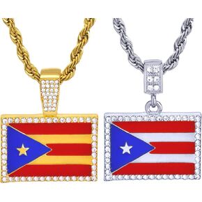 14K Gold Silver Plated Iced Simulated Diamond PUERTO RICO FLAG Pendant & 4mm 24" Rope Chain Hip Hop Style Fashion Necklace Gift Set in Kuwait