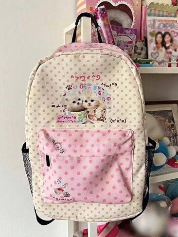 حقيبة ظهر kawaii كيوت كور للمدرسة، حقائب ظهر كرتونية لطيفة كيتي كات وردي، حقيبة ظهر كورية يابانية كبيرة للفتاة، أزياء Y2K لوازم جمالية أشياء عصرية in Kuwait