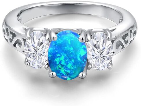 خاتم Gem Stone King من الفضة الإسترلينية عيار 925 باللون الأزرق والعقيق الأبيض والمويسانتي الأبيض على شكل 3 أحجار للنساء (2.06 قيراط، بيضاوي 8 × 6 مم و6 × 4 مم) in Saudi Arabia