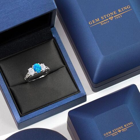 خاتم Gem Stone King من الفضة الإسترلينية عيار 925 باللون الأزرق والعقيق الأبيض والمويسانتي الأبيض على شكل 3 أحجار للنساء (2.06 قيراط، بيضاوي 8 × 6 مم و6 × 4 مم) in Saudi Arabia