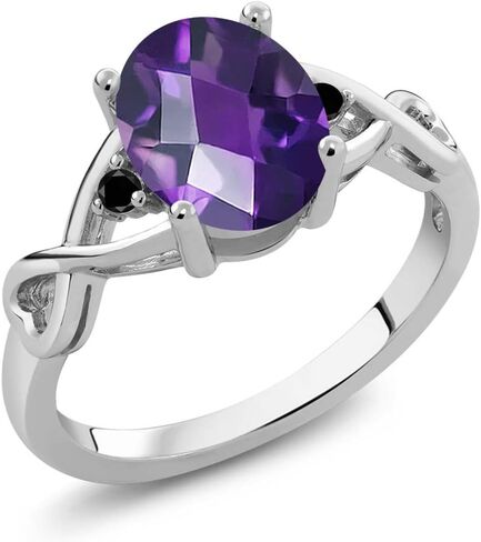 Gem Stone King 1.56 Cttw Purple Amethyst and Black Diamond Engagement Ring for Women | 925 Sterling Silver | Oval Checkerboard-Cut | 3 Stone Wedding Engagement Anniversary Promise Ring in Saudi Arabia