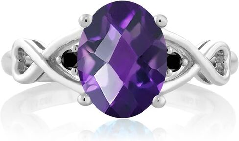 Gem Stone King 1.56 Cttw Purple Amethyst and Black Diamond Engagement Ring for Women | 925 Sterling Silver | Oval Checkerboard-Cut | 3 Stone Wedding Engagement Anniversary Promise Ring in Saudi Arabia
