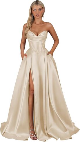 Sequin Prom Dresses 2026 Strapless Satin Corset A-line Pleated Long Evening Gowns with Pockets in Kuwait