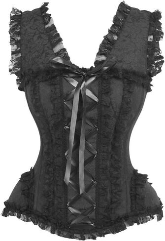 Daisy corsets Women's Daisy Corsets Top Drawer Black Brocade & Lace Steel Boned Corset W/Cap Sleeves in Saudi Arabia