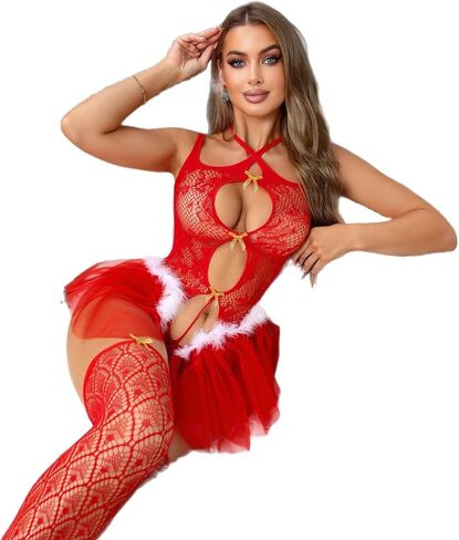 Sexy Christmas Lingerie Set for Women, Red Lace Bodysuit and Stockings for Christmas Holiday in Saudi Arabia