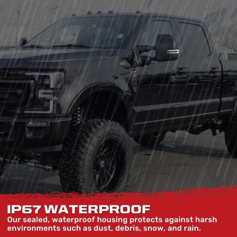 RECON - يناسب 17-25 Ford Super Duty (F250، F350، F450) مصابيح عدسات مرآة جانبية (مجموعة مكونة من قطعتين) مع مصابيح تشغيل LED بيضاء، وإشارات انعطاف وامضة كهرمانية وأضواء موضعية بيضاء in Saudi Arabia