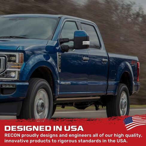 RECON - يناسب 17-25 Ford Super Duty (F250، F350، F450) مصابيح عدسات مرآة جانبية (مجموعة مكونة من قطعتين) مع مصابيح تشغيل LED بيضاء، وإشارات انعطاف وامضة كهرمانية وأضواء موضعية بيضاء in Saudi Arabia
