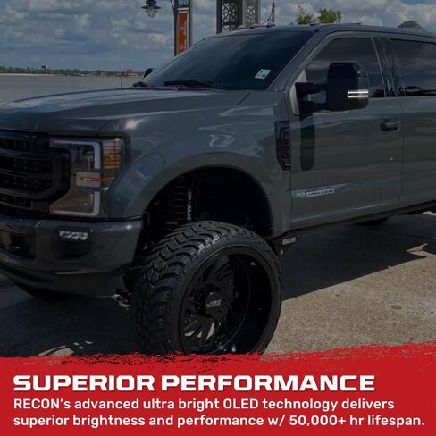 RECON - يناسب 17-25 Ford Super Duty (F250، F350، F450) مصابيح عدسات مرآة جانبية (مجموعة مكونة من قطعتين) مع مصابيح تشغيل LED بيضاء، وإشارات انعطاف وامضة كهرمانية وأضواء موضعية بيضاء in Saudi Arabia