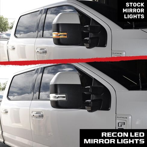 RECON - يناسب 17-25 Ford Super Duty (F250، F350، F450) مصابيح عدسات مرآة جانبية (مجموعة مكونة من قطعتين) مع مصابيح تشغيل LED بيضاء، وإشارات انعطاف وامضة كهرمانية وأضواء موضعية بيضاء in Saudi Arabia