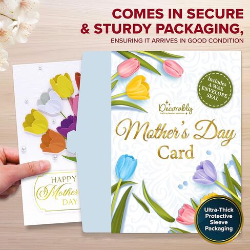 Decorably Gold-Foiled 5x7in Individual Happy Mothers Day Card with Tulips Cutout, Gold Ribbon & Pearls, Textured Simple Mothers Day Cards Box with Envelope & Sealing Wax, with Printed Message Inside in Saudi Arabia