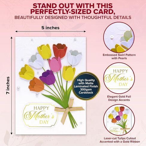 Decorably Gold-Foiled 5x7in Individual Happy Mothers Day Card with Tulips Cutout, Gold Ribbon & Pearls, Textured Simple Mothers Day Cards Box with Envelope & Sealing Wax, with Printed Message Inside in Saudi Arabia
