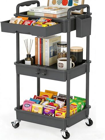 Rolling Storage Cart with Detachable Drawers, Locking Wheels, Cup Holder & Hooks, Easy Assembly 3-Tier Mobile Organizer for Kitchen, Bathroom, Craft Room, Jet in Kuwait