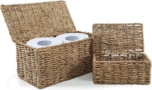 Seagrass Rectangle Storage Boxes w Lid | Set 2 Household Essential Shelf Organizer - Decorative Wicker Bins for Home Office, Nusery Supplies, Kitchen Accessories - Rustic Bathroom Toilet Tank Topper in Saudi Arabia