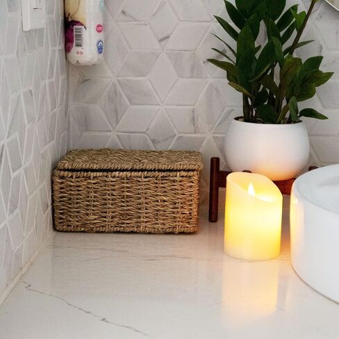 Seagrass Rectangle Storage Boxes w Lid | Set 2 Household Essential Shelf Organizer - Decorative Wicker Bins for Home Office, Nusery Supplies, Kitchen Accessories - Rustic Bathroom Toilet Tank Topper in Saudi Arabia