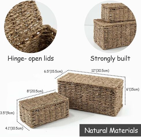Seagrass Rectangle Storage Boxes w Lid | Set 2 Household Essential Shelf Organizer - Decorative Wicker Bins for Home Office, Nusery Supplies, Kitchen Accessories - Rustic Bathroom Toilet Tank Topper in Saudi Arabia