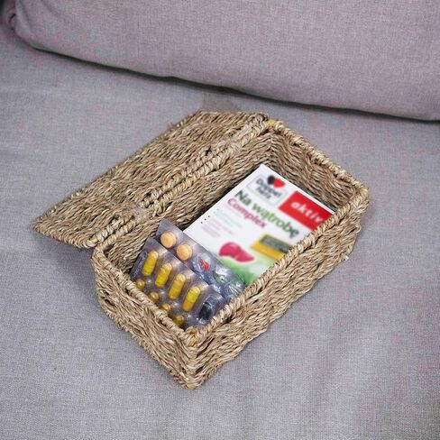 Seagrass Rectangle Storage Boxes w Lid | Set 2 Household Essential Shelf Organizer - Decorative Wicker Bins for Home Office, Nusery Supplies, Kitchen Accessories - Rustic Bathroom Toilet Tank Topper in Saudi Arabia