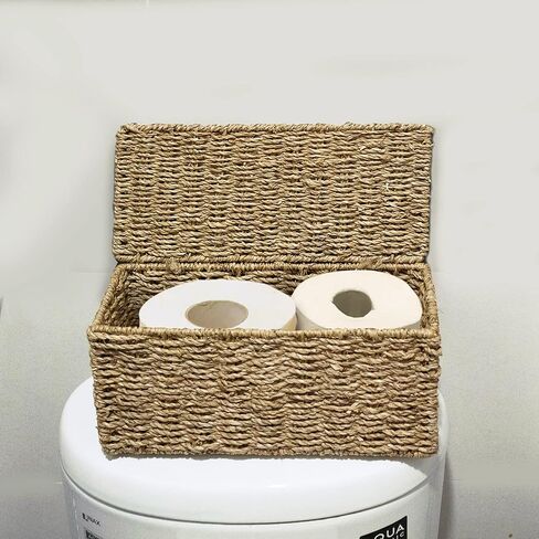 Seagrass Rectangle Storage Boxes w Lid | Set 2 Household Essential Shelf Organizer - Decorative Wicker Bins for Home Office, Nusery Supplies, Kitchen Accessories - Rustic Bathroom Toilet Tank Topper in Saudi Arabia