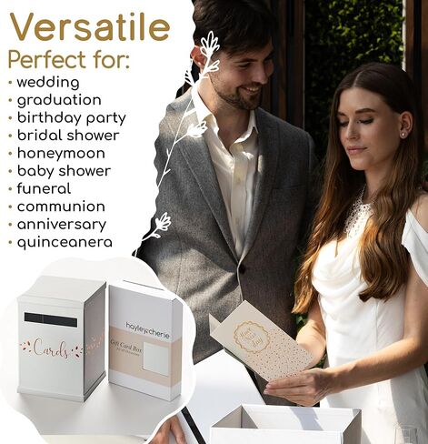 White & Rose Gold Card Box, Large 12" Gift Card Holder, Wedding Mailbox, Sweet 16, Birthday Party, Graduation, Baby & Bridal Shower, Quinceanera, Money Basket, Funeral, Retirement, Pink Envelope Box in Kuwait