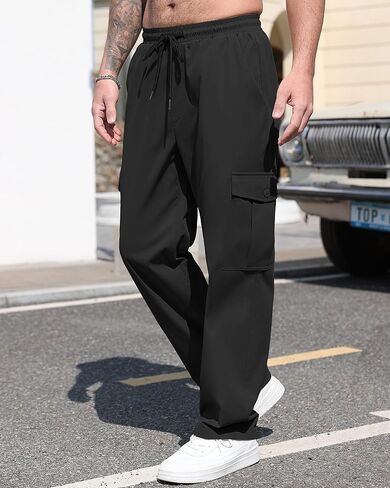 Men's Cargo Pants Stretch Sweatpants Casual Workout Joggers Elastic Drawstring Hiking Tactical Pants with Multi Pockets in Saudi Arabia