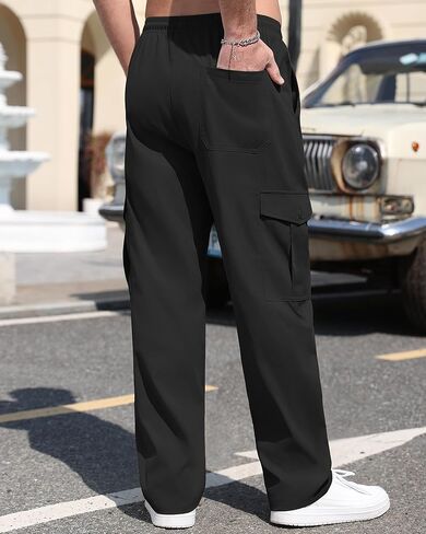 Men's Cargo Pants Stretch Sweatpants Casual Workout Joggers Elastic Drawstring Hiking Tactical Pants with Multi Pockets in Saudi Arabia
