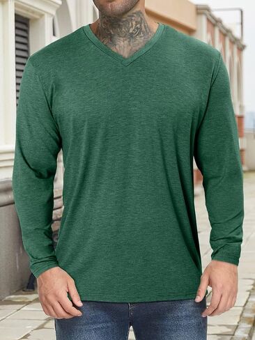 Men's Casual Oversized Tshirts Workout Long Sleeve T-Shirt Dry Fit Lightweight V-Neck Tee Tops（ in Saudi Arabia