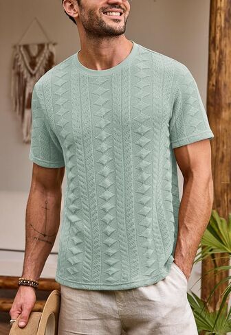 Mens Textured Tshirt Casual Summer Knitted Ribbed Crew Neck T-Shirt (S-XXL) in Saudi Arabia