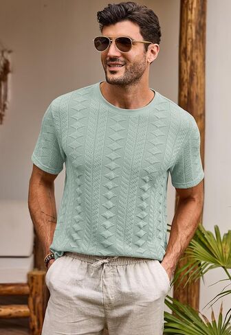 Mens Textured Tshirt Casual Summer Knitted Ribbed Crew Neck T-Shirt (S-XXL) in Saudi Arabia