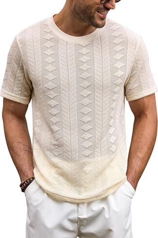 تيشيرت رجالي منسوج كاجوال صيفي محبوك مضلع بياقة دائرية (S-XXL) in Kuwait