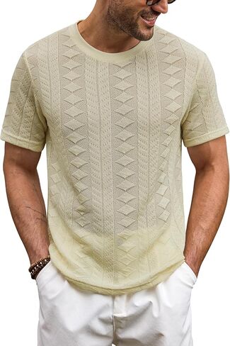 Mens Textured Tshirt Casual Summer Knitted Ribbed Crew Neck T-Shirt (S-XXL) in Saudi Arabia