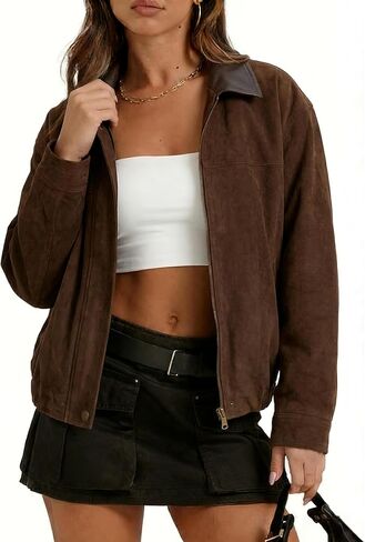 Tanming Womens Faux Suede Leather Jacket Oversized Motorcycle Zip Up Bomber Jacket Pilot Outerwear Coats in Saudi Arabia