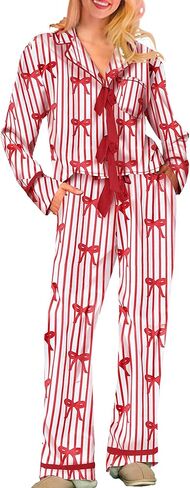 Women 2Pcs Valentine's Day Pajamas Set Long Sleeve Bow Tie Shirts Pants Silk Satin Pjs Loungewear Sleepwear Sets in Saudi Arabia