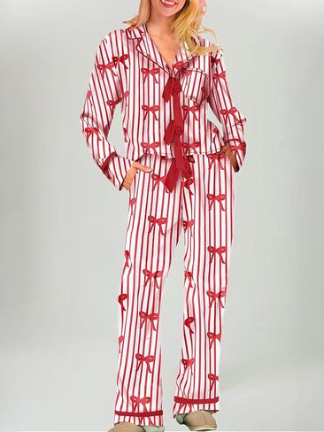 Women 2Pcs Valentine's Day Pajamas Set Long Sleeve Bow Tie Shirts Pants Silk Satin Pjs Loungewear Sleepwear Sets in Saudi Arabia