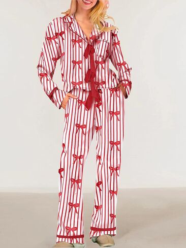 Women 2Pcs Valentine's Day Pajamas Set Long Sleeve Bow Tie Shirts Pants Silk Satin Pjs Loungewear Sleepwear Sets in Saudi Arabia