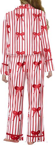 Women 2Pcs Valentine's Day Pajamas Set Long Sleeve Bow Tie Shirts Pants Silk Satin Pjs Loungewear Sleepwear Sets in Saudi Arabia