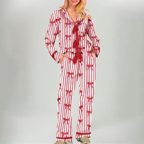 Women 2Pcs Valentine's Day Pajamas Set Long Sleeve Bow Tie Shirts Pants Silk Satin Pjs Loungewear Sleepwear Sets in Saudi Arabia