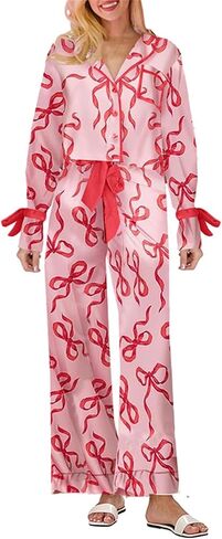 Women 2Pcs Valentine's Day Pajamas Set Long Sleeve Bow Tie Shirts Pants Silk Satin Pjs Loungewear Sleepwear Sets in Saudi Arabia