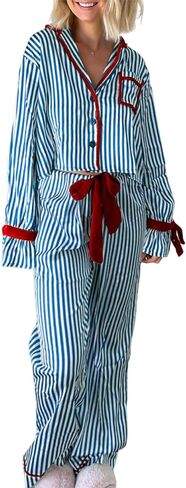 Women 2Pcs Valentine's Day Pajamas Set Long Sleeve Bow Tie Shirts Pants Silk Satin Pjs Loungewear Sleepwear Sets in Saudi Arabia