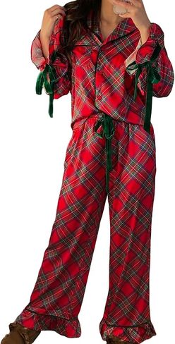 Women 2Pcs Valentine's Day Pajamas Set Long Sleeve Bow Tie Shirts Pants Silk Satin Pjs Loungewear Sleepwear Sets in Saudi Arabia