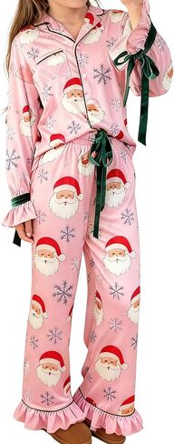 Women 2Pcs Valentine's Day Pajamas Set Long Sleeve Bow Tie Shirts Pants Silk Satin Pjs Loungewear Sleepwear Sets in Saudi Arabia