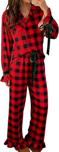 Women 2Pcs Valentine's Day Pajamas Set Long Sleeve Bow Tie Shirts Pants Silk Satin Pjs Loungewear Sleepwear Sets in Saudi Arabia