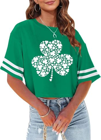 St Patricks Day Shirt Women Crop: Funny Irish Shamrock Graphic St Pattys Crop Tops Short Sleeve Tees in Saudi Arabia