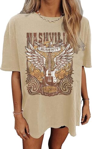 Oversized Nashville Music City T-Shirt Women Oversized Shirts Rock Band Tshirt Vintage Guitar Wings Graphic Tees in Saudi Arabia