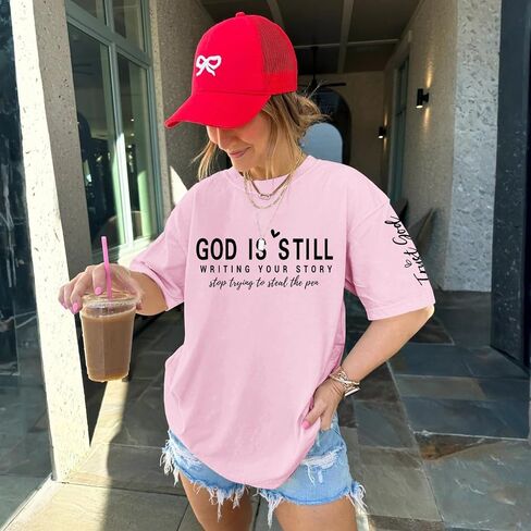 Oversized Christian Shirts for Women Faith Bible Verse Graphic Tees God is Still Print Religious Casual Summer Tops in Kuwait
