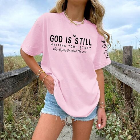Oversized Christian Shirts for Women Faith Bible Verse Graphic Tees God is Still Print Religious Casual Summer Tops in Kuwait