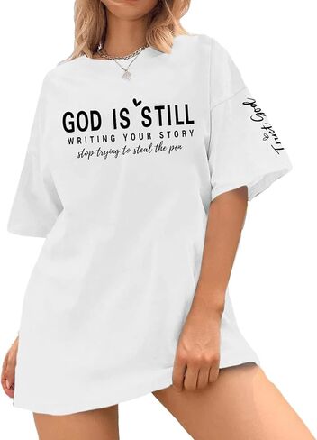 Oversized Christian Shirts for Women Faith Bible Verse Graphic Tees God is Still Print Religious Casual Summer Tops in Kuwait