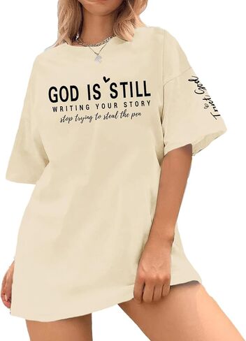 Oversized Christian Shirts for Women Faith Bible Verse Graphic Tees God is Still Print Religious Casual Summer Tops in Saudi Arabia