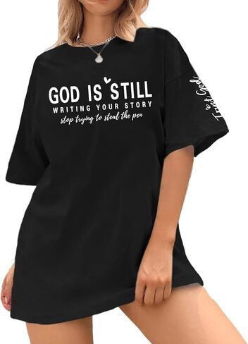 Oversized Christian Shirts for Women Faith Bible Verse Graphic Tees God is Still Print Religious Casual Summer Tops in Kuwait