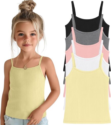 5 Pack Girls' Sleeveless Tank Tops Basic Ribbed Camisole Solid Spaghetti Strap Cami Scoop Neck Undershirts 5-14Years in Saudi Arabia